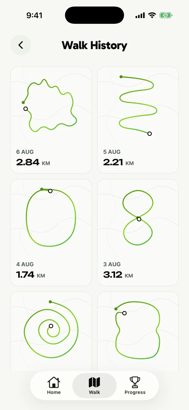 WalkHero recent walks with map previews, distance and duration